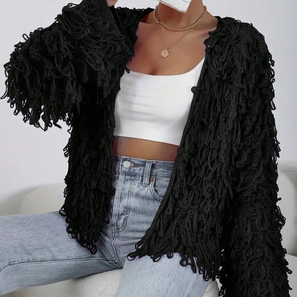 Black Casual Women's Solid Color Coil Knitted Cardigan - Picture 5 of 7